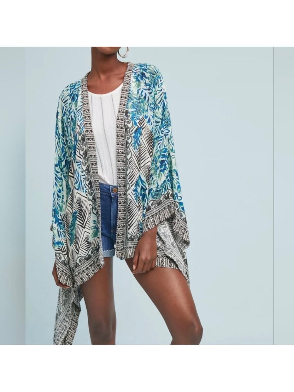Anthropologie boho coastal kimono with asymmetrical hem. Blue green color OS